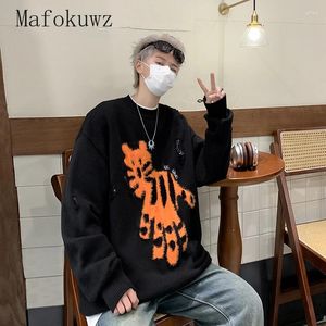 Männer Pullover Frühling Herbst Tiger Gedruckt Zerrissene Lange ärmeln Pullover Mode Lose Beiläufige High Street Männer Tops Männlich Kleidung