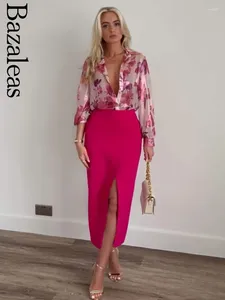 Women's Blouses Bazaleas-Pink Floral Print Blouse For Women Single Breasted Shirt Holiday Shirts Spring Fashion 2024