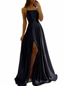 Ladies Black A-Line LG Satin Evening Dres for Women 2024 Spaghetti Stems Sexig Slit Cocktail Prom Party Gowns Vestidos G8RG#