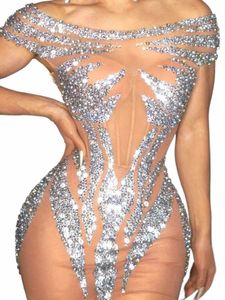 women Sexy Transparent Mesh Diamd Mini Dr Dancer Celebrity Bling Night Club Birthday Party Dr Stage Performance Costumes p8VV#