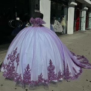 Ny ankomst aso ebi pärlor pärlor applikationer lila quinceanera klänningar unikit tåg från axel älskling boll klänning kväll fest tävling födelsedag klänning klänning klänning