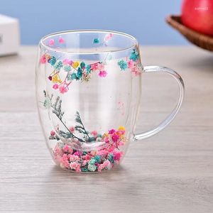 Vinglas med verklig blomma dubbelskiktsglaskopp med handtag torkat dekorerat värmebeständigt te kaffemjölk mugg kreativ gåva