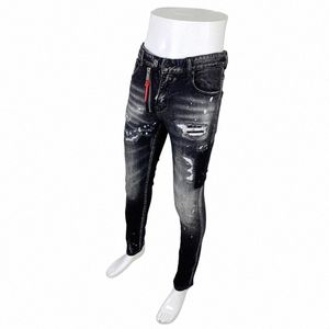 Streetwear Fi Men jeans retro svart grå elastisk mager fit rippade jeans män lappade målade designer hip hop varumärke byxor b9up#