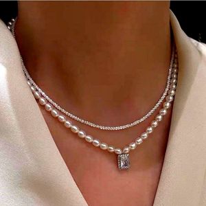 Silver plated snow chain drop square freshwater pearl necklace264p