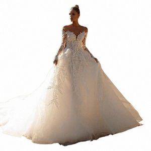 Luxury Wedding Dr broderad spets på nätet med Princ Ball-klänning Elegant O-Neck ärm brud Dr Lace Up Vestido de No J8io#