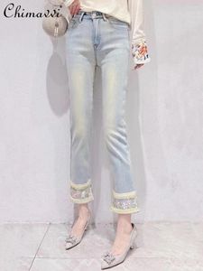 Kvinnors jeans mode för kvinnor vinterkläder koreansk stil söt avancerad broderi hem hög midja bantning denim blyertsbyxor