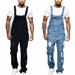 Mäns solida fi -fickor denim Bib overaller Lossa Suspender Jeans Trousers Male Daily Classic Casual Jumpsuit X5VP#