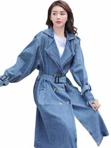 Mittellanger blauer Denim-Trenchcoat mit Gürtel Vintage lose LG-Ärmel ausgefranste Frauen-Windjacke weiblich lässig Frühling Herbst 2023 D21X #