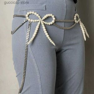 Waist Chain Belts European and American new beaded metal chain bow pearl waist chain luxury brand womens denim style pants accessories Y240329