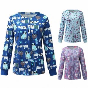 2022 Mulheres veterinárias uniformes esfrega topos carto impressão lg manga o-pescoço blusa pet shop traje de enfermagem uniforme de trabalho l * 5 u86i #