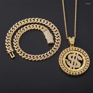 Kedjor DZ Rotertable Dollar Pendant med 13 mm Rhinestones Cuban Chain Hiphop Iced Out Combinatio Necklace Fashion Smycken för man gåva