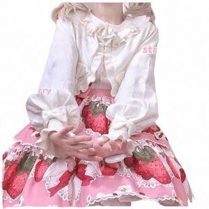 Kawaii Lolita Sticked Women Cardigan tröja japansk stil y2k estetiska söta flickor LG Sleeve Coat Harajuku Tops 2023 Ny 65Vh#