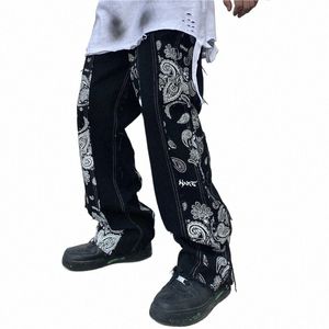 paisley överdimensionerade svarta jeans byxor män och kvinnor hip hop baggy harem byxa rakt ons harajuku denim byxor lösa rippade 14go#