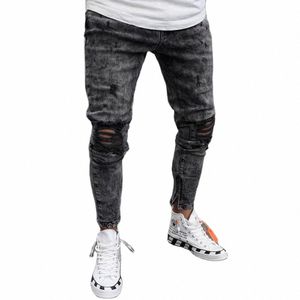 SAMLA 2023 Europeisk och amerikansk stil Herrfi -jeans Casual Skinny Straight Hole Ripped Bottom Hip Hop Denim Pants C21F#