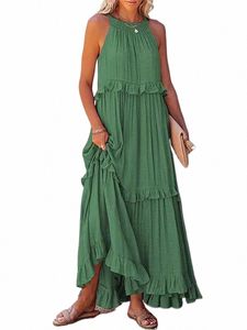 Summer Loose LG Dr Women Casual Elegant Ruffle Halter ärm Kvinnliga festkläder Beach Maxi Dres Green Tie-up Robe D3ga#