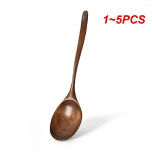 スプーン1〜5pcs木製スープスプーン長いハンドルデザートライス小さじ料理キッチンアクセサリーウッド