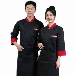 Män svart kockjacka Kvinnor LG Sleeve Canteen Cook Uniform för Hotel Summer Waiter Overall Restaurang Kök Kökskläder P92Z#