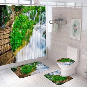 Duschvorhänge, grüner Wald, Wasserfall-Landschaft, 3D-Holzbrücke, Sommer, wasserdichter Vorhang-Set, Teppich, Toilettenbezug, Badematte, Badezimmer-Dekor