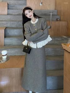 Two Piece Dress Women's Thickened Cotton Clip Wood Ear Edge Patchwork Woolen Suit Half Skirt Set Vintage Jacket Two-piece