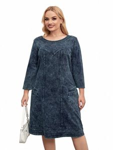 lih HUA Donna Plus Size Denim Dr Fall Cott Knit Girocollo Casual Fi Dr S8IZ #