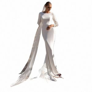 Элегантное свадебное платье русалки женское 2024 с кружевными рукавами Lg Illusi Back белое атласное свадебное платье с скользящим шлейфом Vestidos De Novia U5sP #