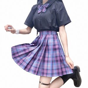 女の子、LGと半袖、ハイウエスト、JKユニフォーム、学校の生徒、アニメDR K1EY＃のためのAnbenser Pleated Plaid Skirts＃