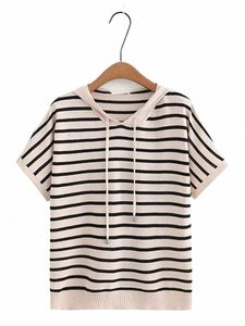 Plus Size Women's Summer T-shirt Batwing Sleeve Hooded Jersey Stretch T-shirt Summer Thin Striped T-shirt för fyllig Lady XL-4XL K8XF#