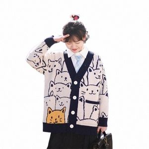 2023 Autumn/Winter New in Cat Pattern Jacquard Knit Women Lg Cardigan Loose Knitted V-neck Fi Sweater R8k0#