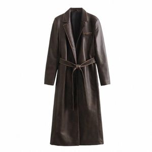 zach Ailsa 2023 Winter New Women's Lapel Loose Fit with Belt Worn Out Effect Mid length Retro PU Faux Leather Coat Coat v8ib#