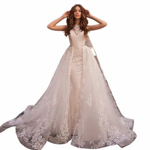 lusso staccabile 2 in 1 abiti da sposa pizzo ricamato sirena da sposa Dres appliques Vestido De Noiva H8o3 #