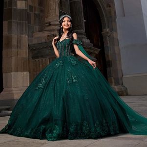 Blackish Green Shiny Princess Quinceanera Dress Applique Lace Beads With Cape Ball Gown Corset Sweet 16 Vestidos De 15 Anos