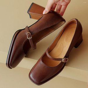 Sapatos de vestido Mulheres Sheepskin 7cm Grosso Salto Alto Mary Jane Bombas OL Estilo Elegante Senhoras Square Toe Daily Heeled para Mulher Venda