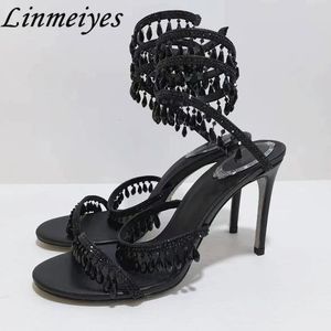 Summer High Heels Sandal String Bead Ankle Snake Twine Around Wedding Shoes Lady Gladiator Sandals Woman 240318