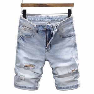 Sommer Fi Designer Kurze Jeans Männer Retro Hellblau Stretch Slim Fit Zerrissene Jeans Patched Vintage Casual Denim Shorts Männer r0uP #