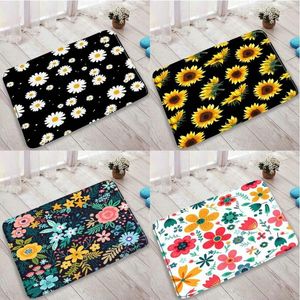 Bath Mats Black Fabric Flower Printing Sunflower Daisy Flannel Home Non-slip Carpet Modern Art Design Bedroom Kitchen Floor Mat