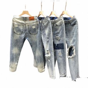 Удобные простые мужские рваные джинсы скинни, супер эластичные рваные джинсы, укороченная летняя одежда 24Wn #