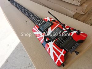 ギターカスタム5150カラーストリップヘッドレス6ストリングエレクトリックギターレッドアンドホワイトストリップマホガニーフィンガーボードはカスタマイズできます