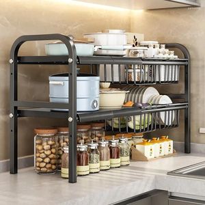 Kitchen Storage Under Sink Adjustable Dish Rack 2 Tiers Multifunctional Pots Pans Cookware Counter Cabinet Basket