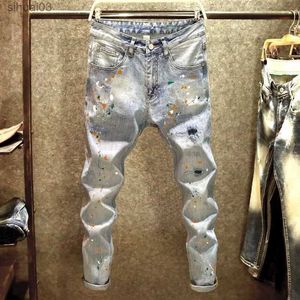 Men's Jeans Newly arrived Kpop Korean style mens designer clothing high-quality washing paint splatters torn jeansL2403