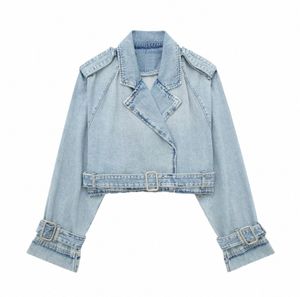 denim Cropped Trench Coat For Women Oversized Short Trench Coats Women Short Jackets Ladies Lg Sleeve Loose 78pG#