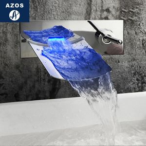 Banyo Lavabo Muslukları Azos Duvar içi musluk renk değişikliği şelale pirinç krom soğuk ve anahtar sıcaklık kontrolü LED duş odası havzası