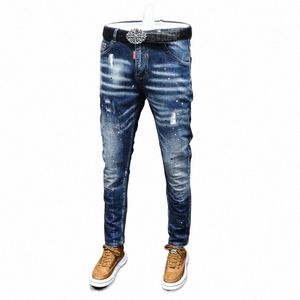 FI Designer Men Jeans Retro Blue Stretch Slim Fit Painted Ripped Jeans Men Korean Style Vintage Casual Denim Pants HOMBRE L0TI#