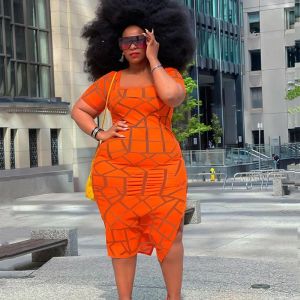 فساتين كبيرة الحجم نساء ملابس الصيف 2021 بالجملة البرتقالية ميدي فستان منقو