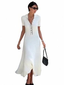 Tossy White Knit Fi Maxi Dr for Women z krótkim rękawem Patchwork Elegancka impreza Dr Lapel High Taister Kniast Knitwear Women Dr K8I9#