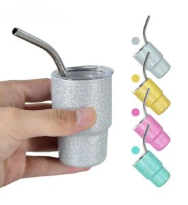 3oz 승화 시뮬레이션 chuncky 반짝이 샷 유리 컵 90ml 반짝이는 실버 와인 텀블러 작은 샷 유리 뚜껑과 DIY 금속을위한 빨대