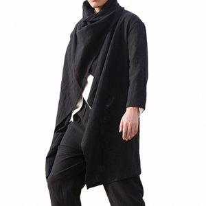 2023 Vintage Men Trench Coats Cott Pchos Scarf Collar LG Sleeve Cloak Oregelbundna jackor Solid Color Streetwear Windbreaker Y60X#