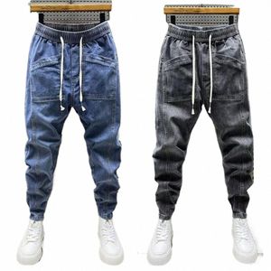 cargo Harem Trousers Spring Autumn Men Jeans Fi Drawstring Pockets Denim Pants Solid Color Casual Multi-pocket Men Trousers b1KB#