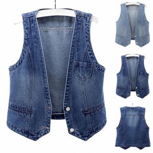 gilet di jeans da donna gilet di jeans leggero gilet di jeans vintage con scollo a V doppio butt per le donne hop streetwear per l'autunno s2mT #