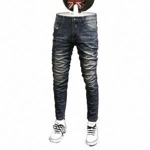FI vintage män jeans retro svart blå elastisk stretch smal rippad jeans män distrikt wed designer denim byxor hombre b5e1#