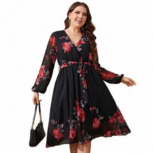 Keby ZJ Plus Size Floral Print v Neck Midi Belted DR Women Casuare Spring Lag Lg Elegant Vintage A-Line DRES 2022 G6KL＃